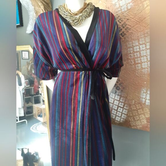 Zara Velvet Striped Multicolor Kimono Style Wrap Dress/robe - Picture 9 of 16
